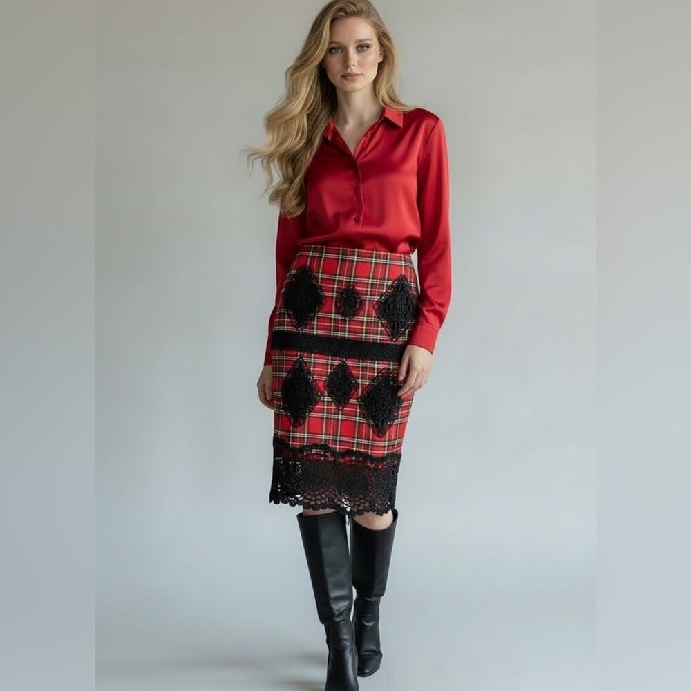 Endless Rose Red Plaid Pencil Skirt Crochet Appliqué Size Medium Preppy Corpcore